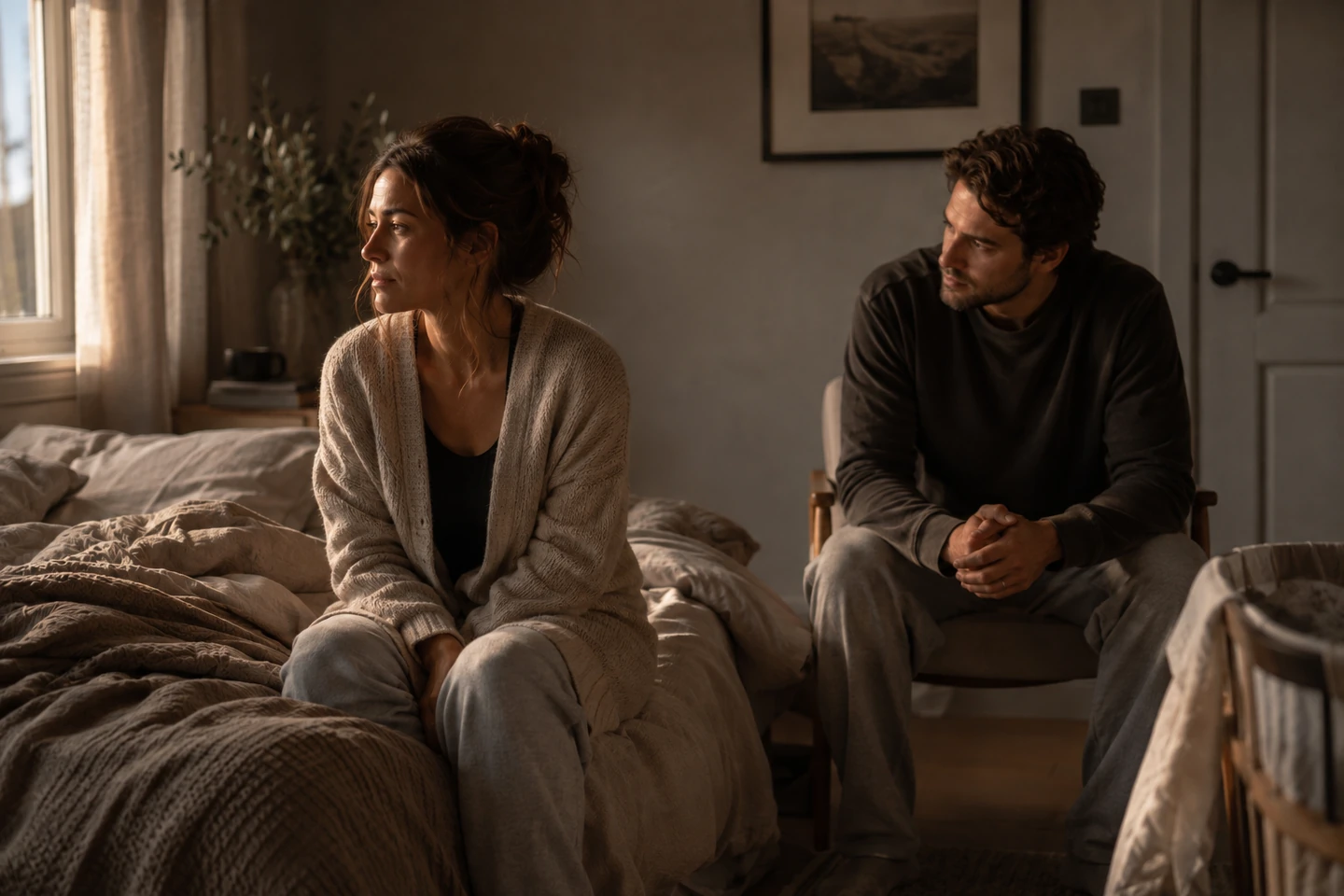 A tired mother sits on the edge of the bed while her partner looks toward her with concern from across the room.