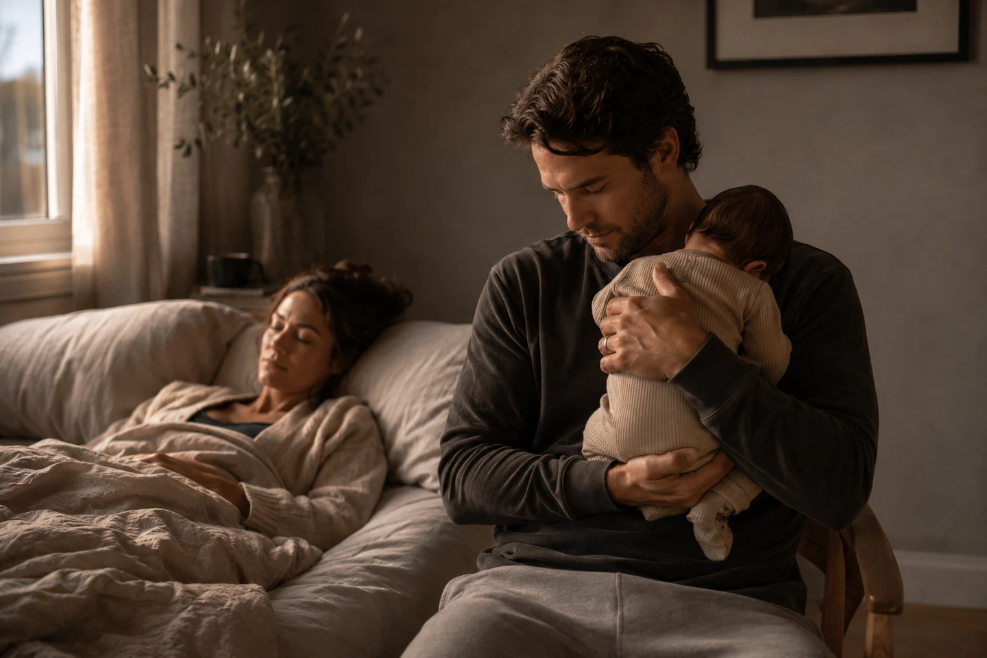 A partner holds and settles the baby while the mother rests in bed nearby.