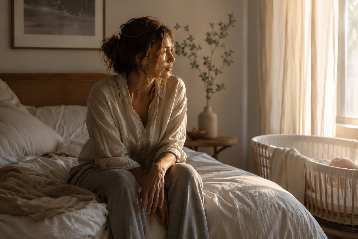 A woman sitting on the edge of an unmade bed in morning light