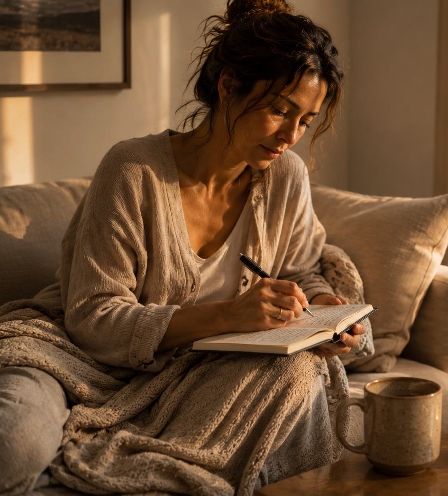 A woman writing in a notebook, wrapped in a blanket