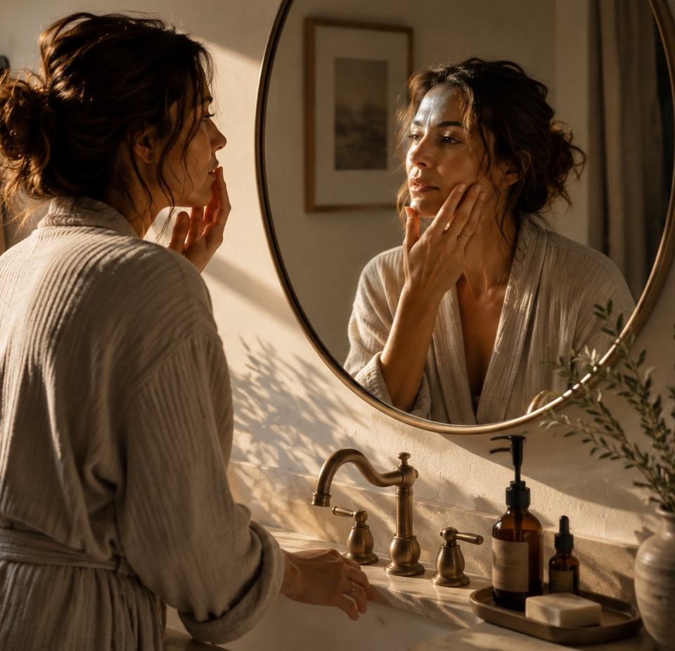 A woman looking at her own reflection in a bathroom mirror